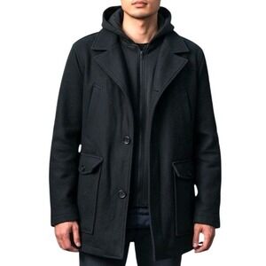 GUESS Mens Wool Blend Peacoat Size XXL 2XL Detachable Hood Lined Winter Coat